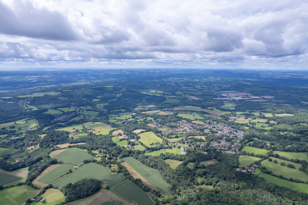 amazing aerial view of countryside of Haslemere, England, daytime summer
