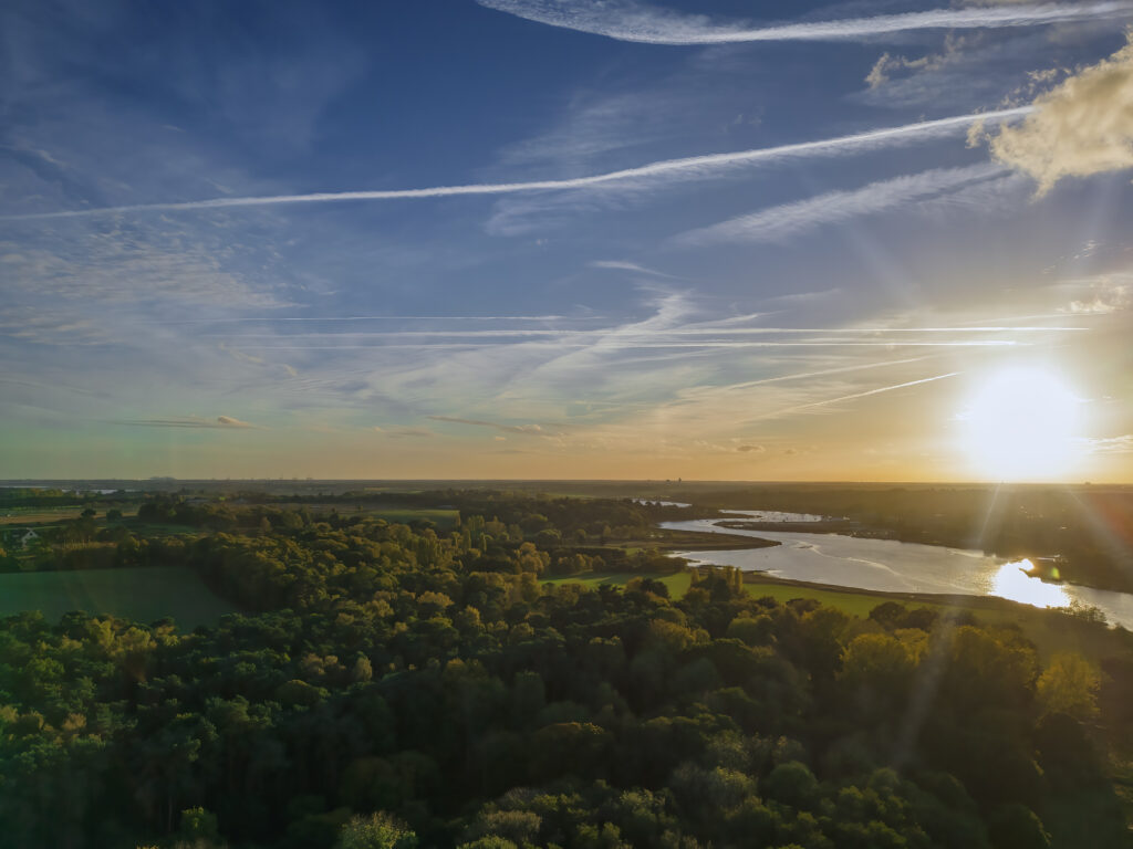 An aerial view at sunset over the River Deben at Melton in Suffolk, UK