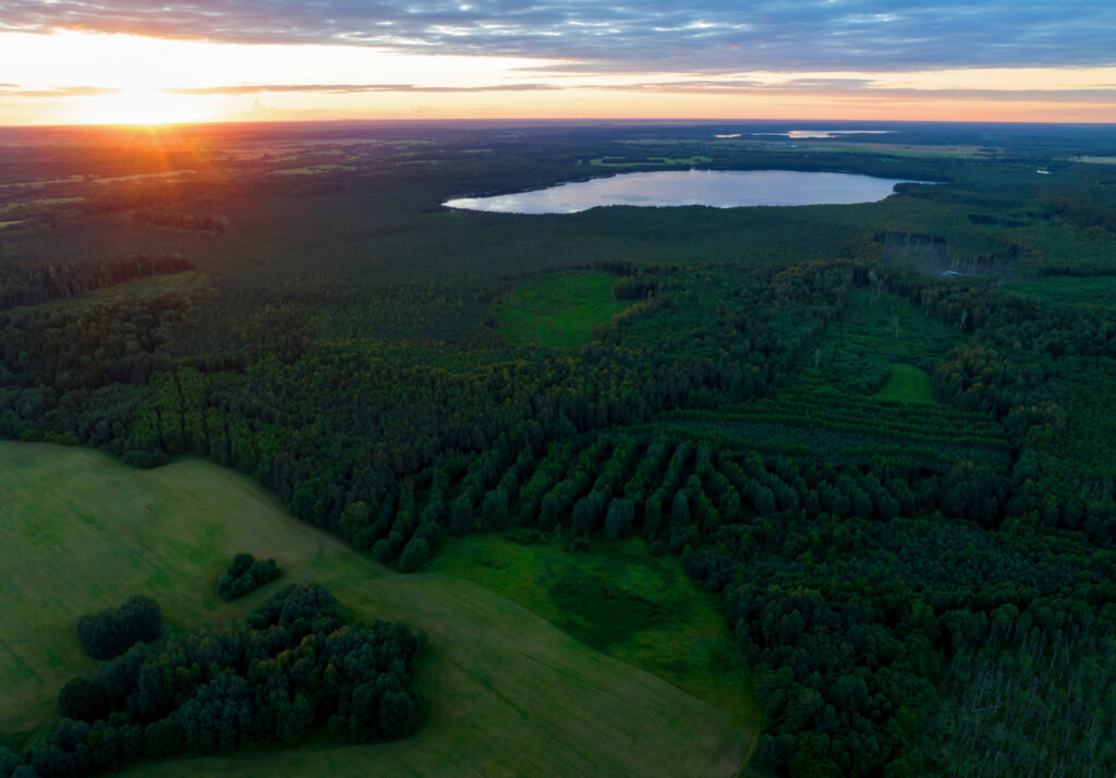 Lake on sunset, drone view. Rural landscape with lakes. Sunset over the forest lake. Drink water safe. Global drought crisis. Pond in countryside with fields and forest. Forest Lake at sunset. Nature.