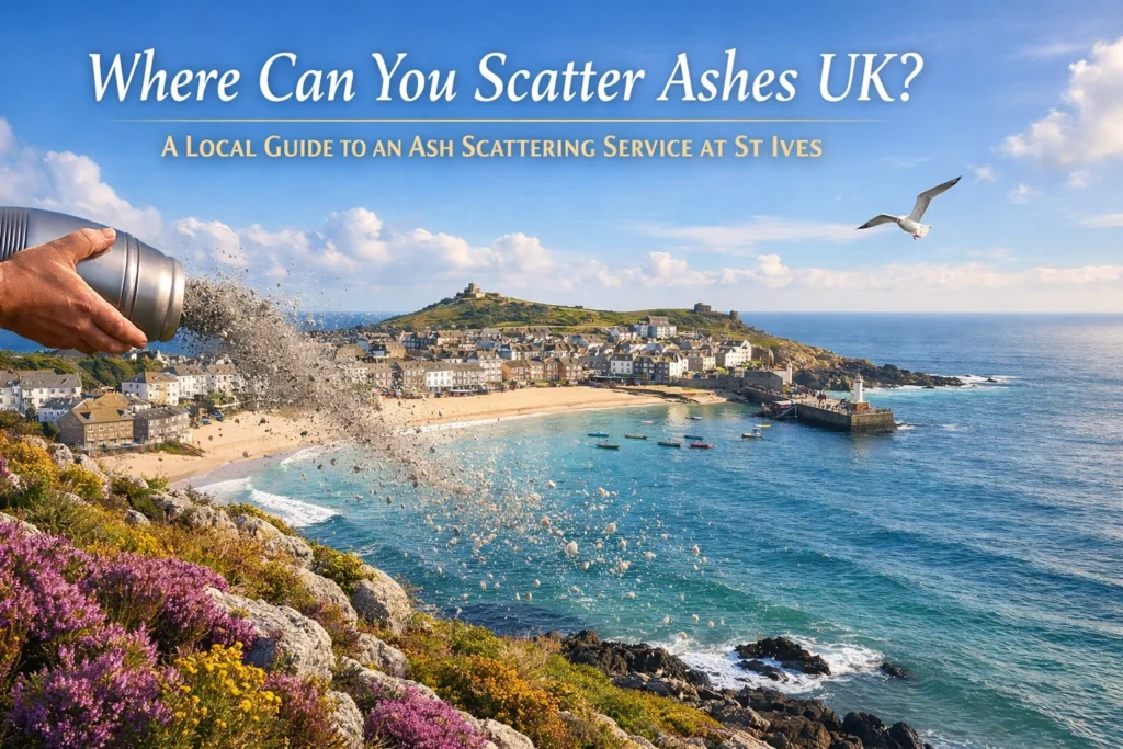 Hand scattering ashes over a coastal landscape with a seaside town and blue water.