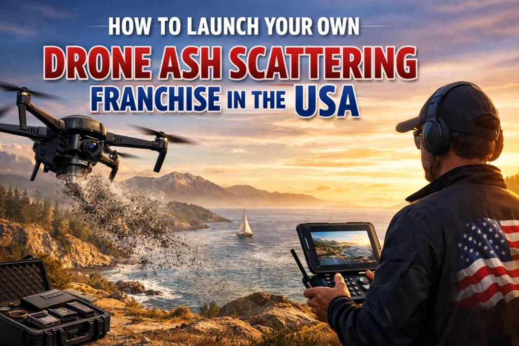 Drone dispersing ashes over a coastal landscape while a man operates a remote control.