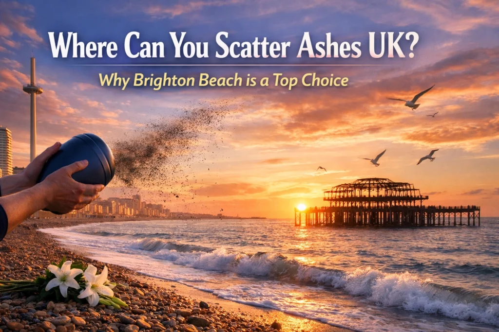 Hands scattering ashes over pebbled beach at sunset, with a pier and flowers in foreground.