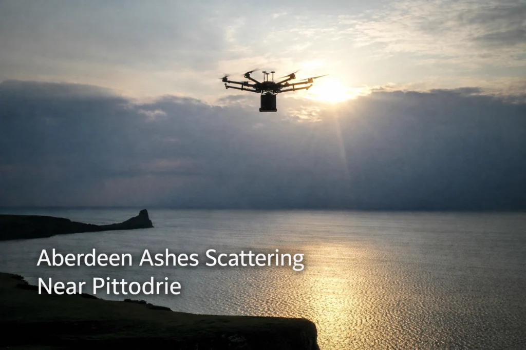 Drone flying over calm water at sunset, with a cliff silhouette in the background.