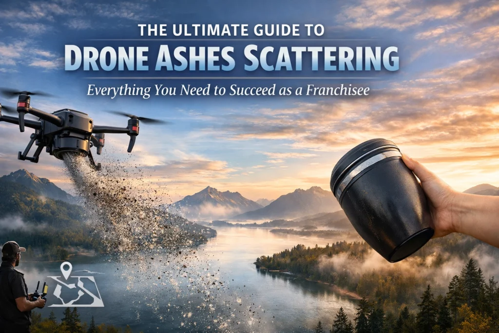 Drone disperses ashes over a scenic lake surrounded by mountains at sunrise.