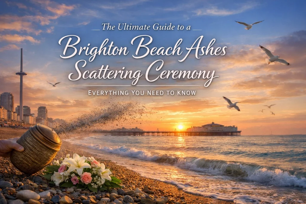 Ashes being scattered at Brighton Beach with flowers on pebbled shore and sunset backdrop.