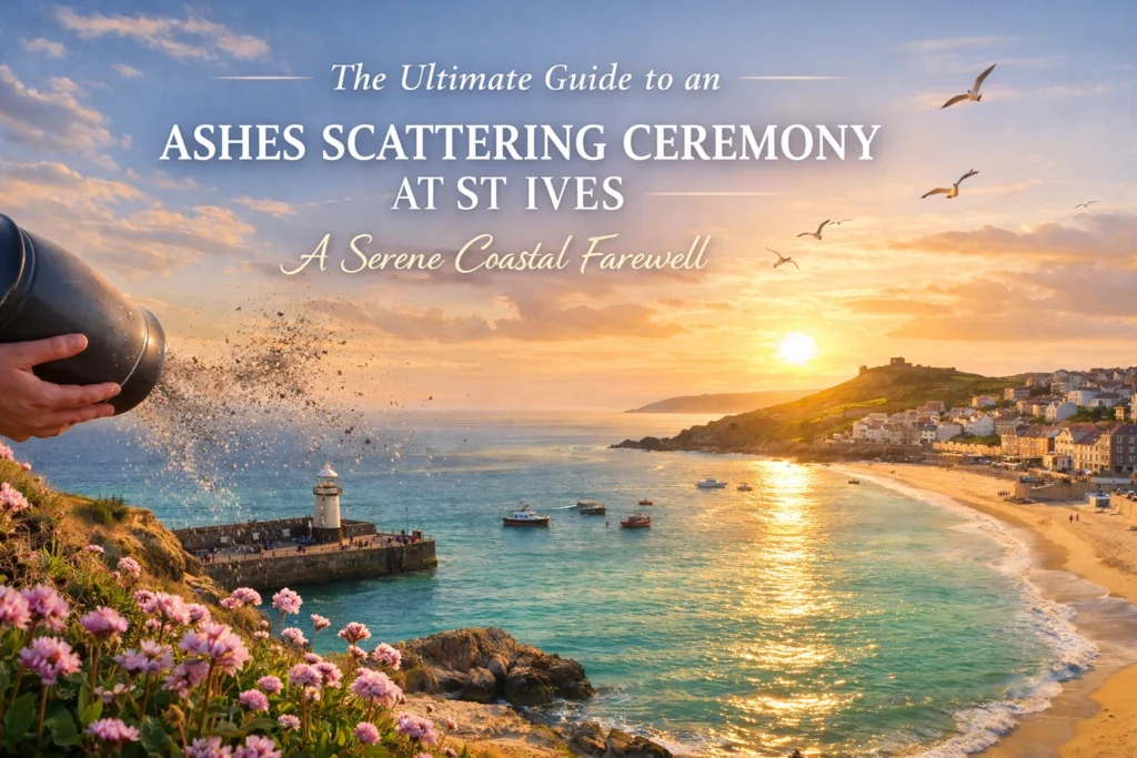 Hand scattering ashes over a coastal view at sunset, with flowers in the foreground and boats nearby.