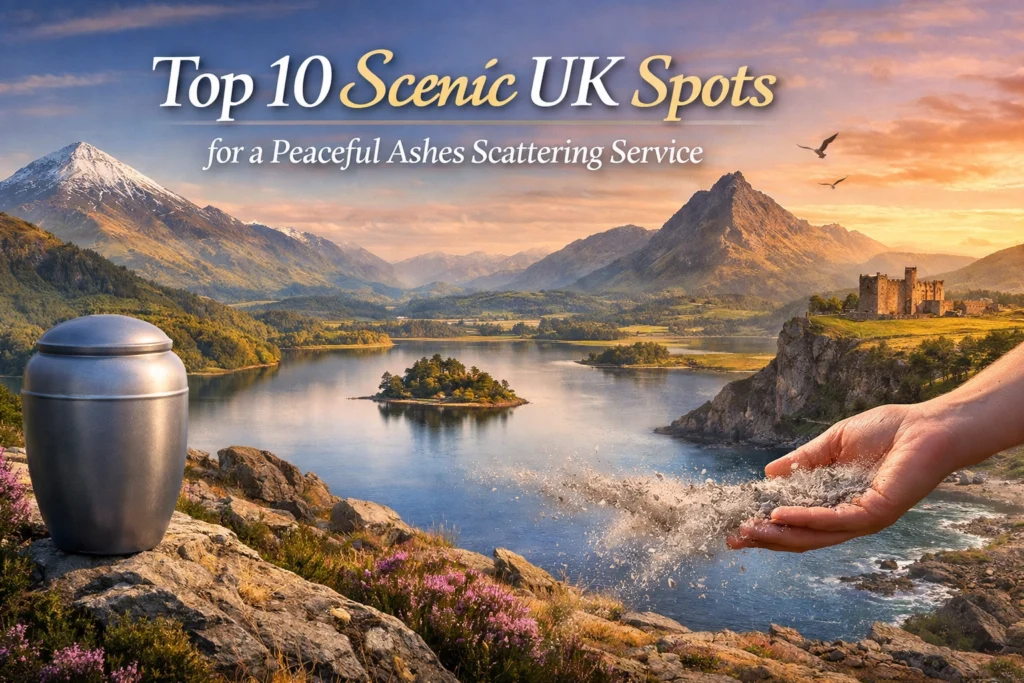 Scenic landscape with an urn beside a hand scattering ashes over a serene lake.