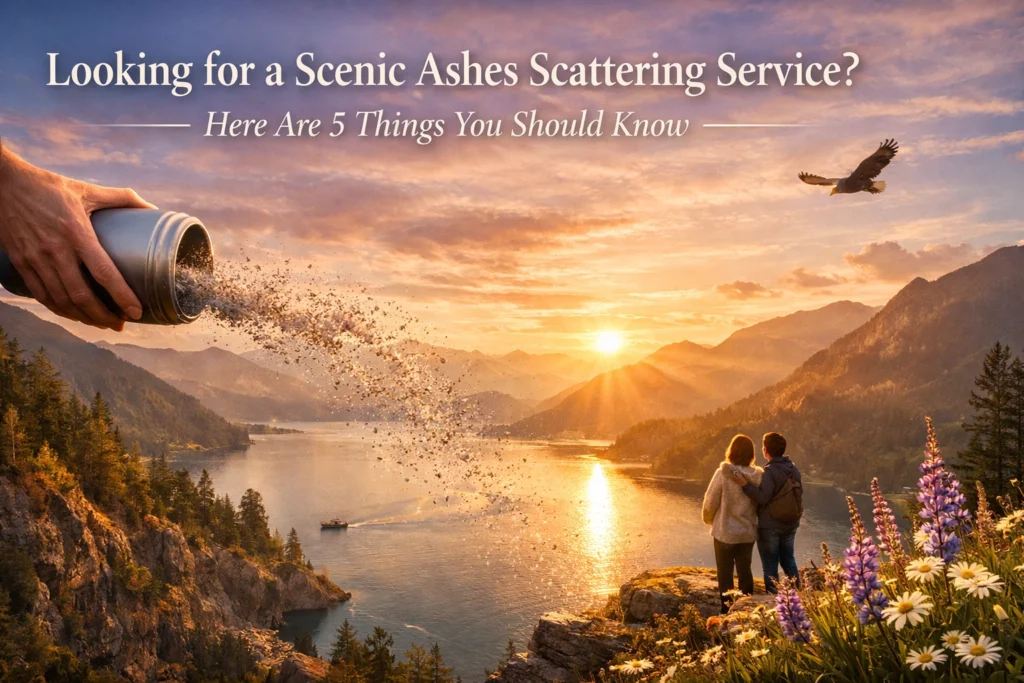 Hand scattering ashes over a scenic waterfront at sunset, with a couple watching nearby.