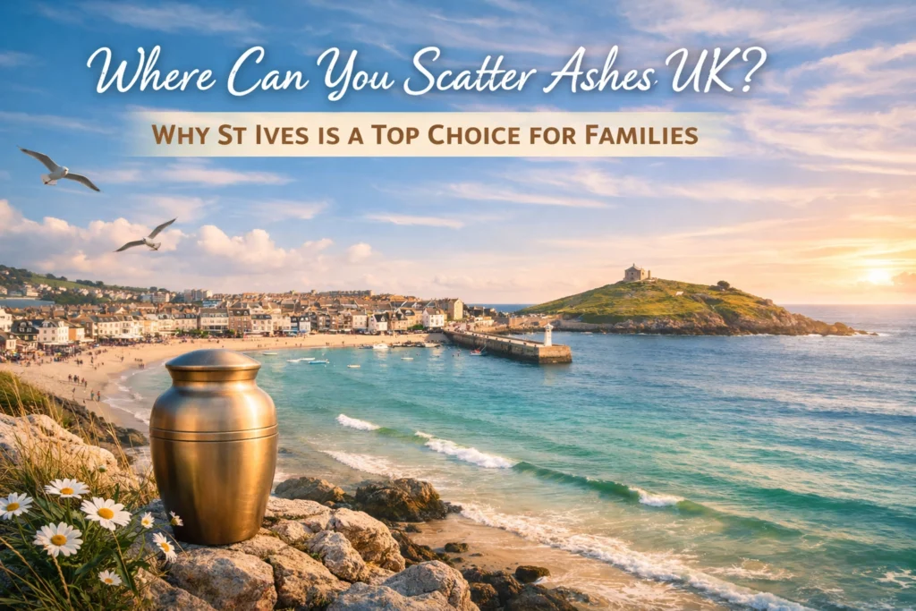 A bronze urn sits on rocks with a coastal view of St Ives, waves lapping and seagulls flying.
