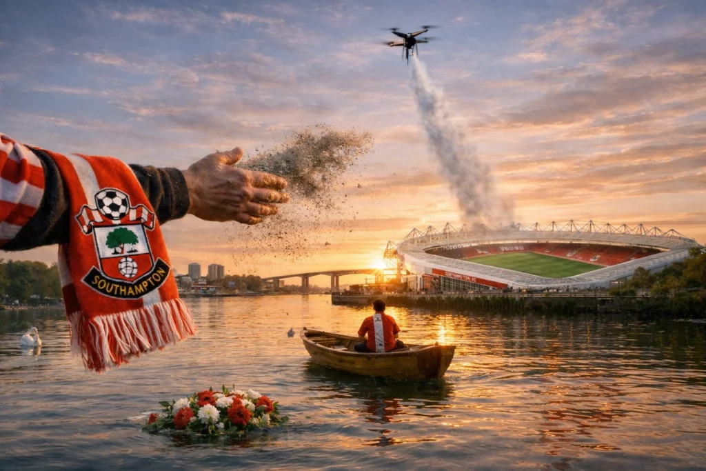 Hand casting particles over water with a boat and stadium at sunset. A drone flies above.
