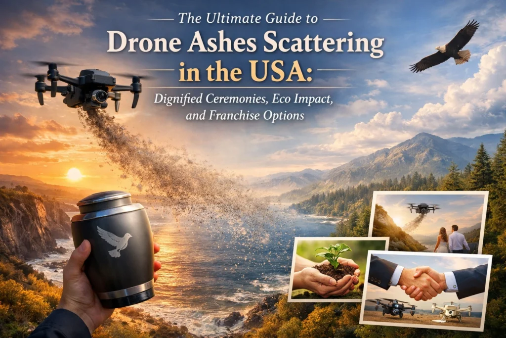 A hand holds a cremation urn as ashes scatter from a drone over a scenic landscape.